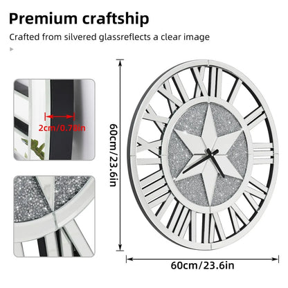 Round Wall Clock Mirror Decorative Silver Glass Mirrors with Roman Numerals Crush Diamond Clocks Battery Operated