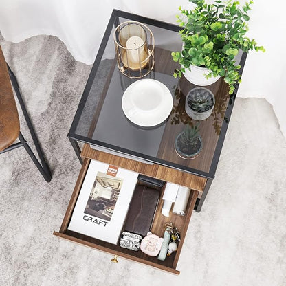 Bedside Table with Drawer: Tempered Glass Sofa Side Table Modern Nightstand with Wood Storage Shelf and Metal Black Frame Small Coffee Table