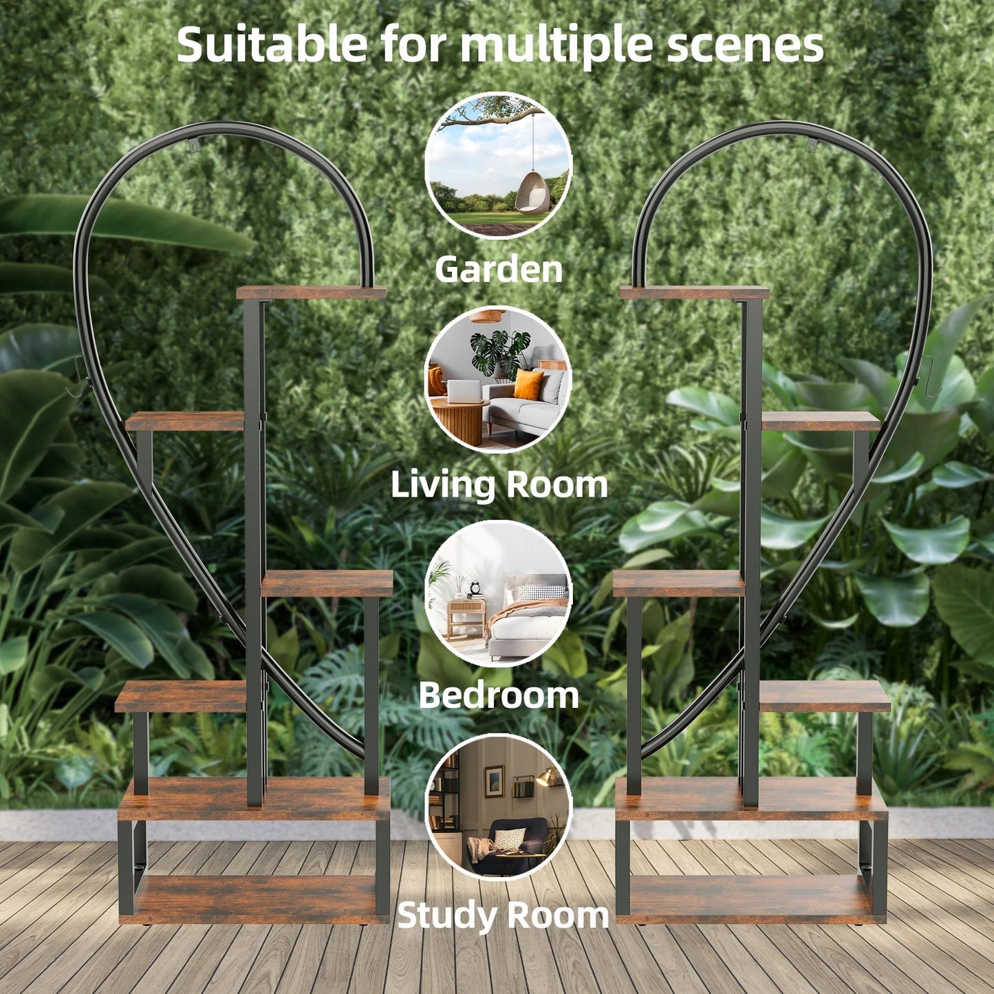 6-Tier Half-Heart Metal Ladder Plant Stand – Decorative Black & Brown Shelf Rack for Multiple Indoor Plants