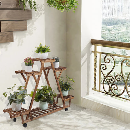 6 Tiered Carbonised Triangle Corner Plant Rack Wooden Plant Stand, Flower Pots Holder - Elevate Garden Space