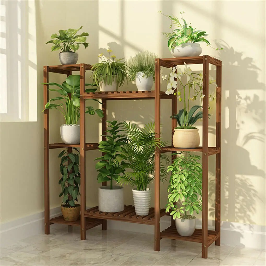 10 Pot Stylish Bamboo Plant Stand for In/Outdoor, Bonsai Flower Display, Shelf Holder Rack