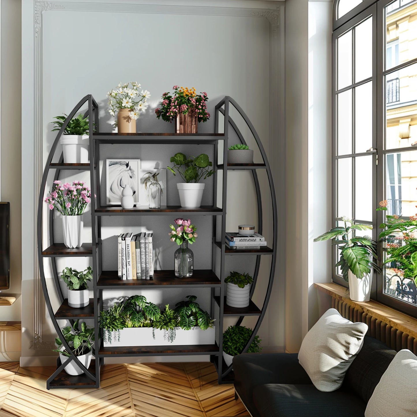 5-Tier Half-Moon Bookshelf & Plant Stand – Industrial-Style Curved Oval Rack for Home and Garden