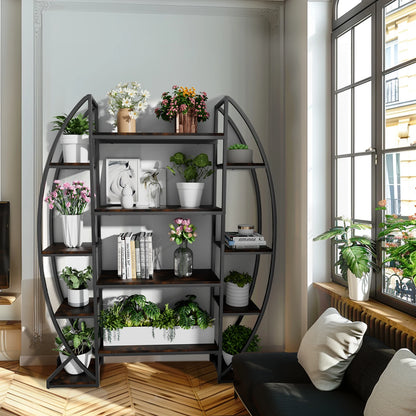 5-Tier Half-Moon Bookshelf & Plant Stand – Industrial-Style Curved Oval Rack for Home and Garden