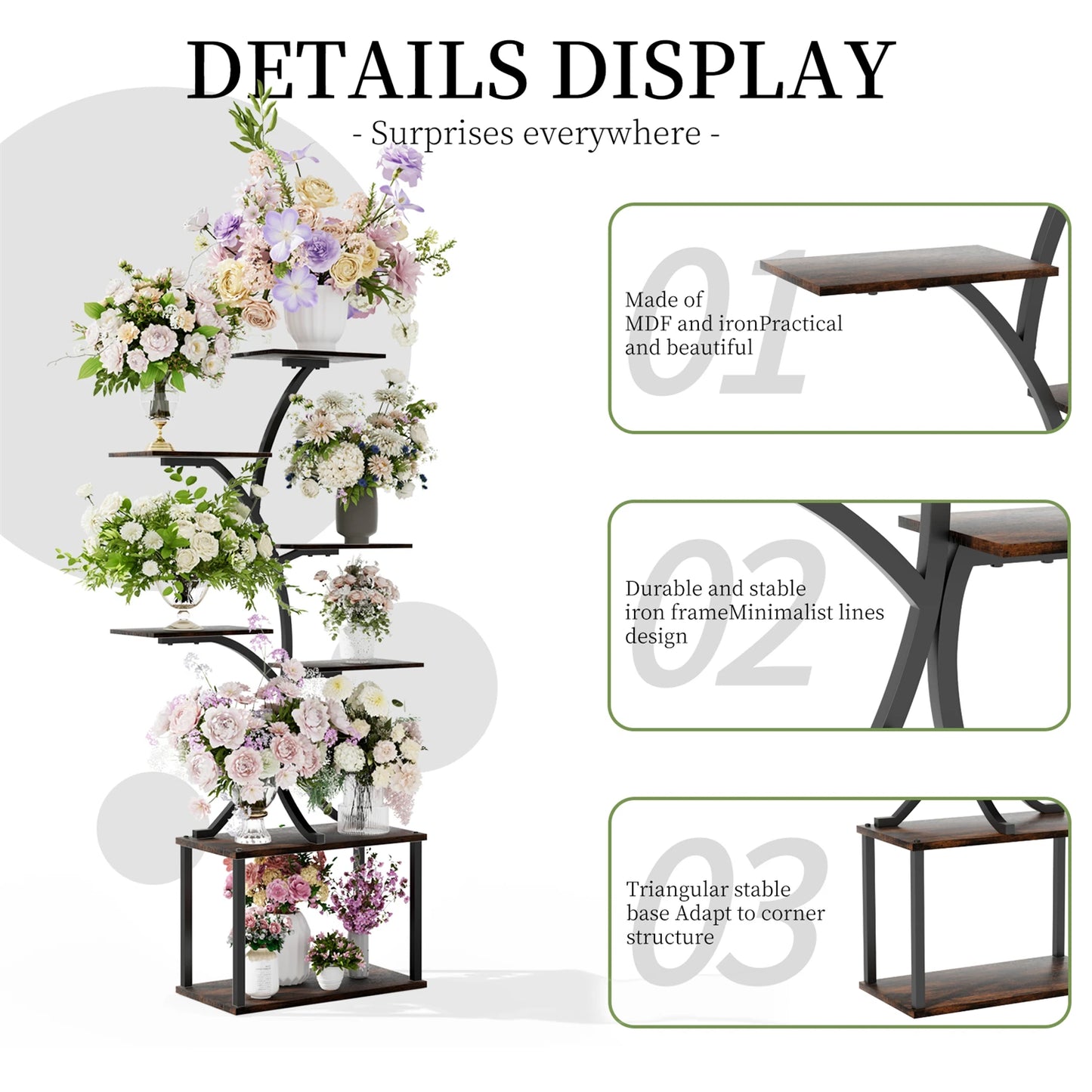 7 Tier Tree Shaped Plant Stand for Patio Living Room Metal Plant Flower Pot Display Holder with Lights
