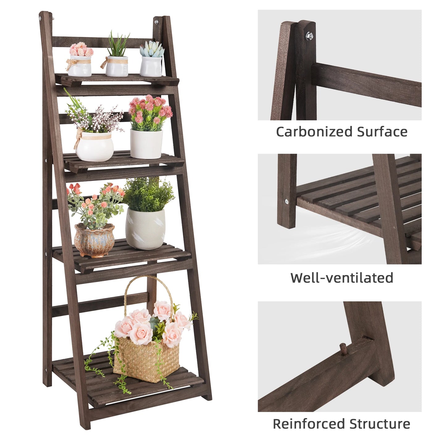 Foldable Wooden Ladder Shelf Plant Stand