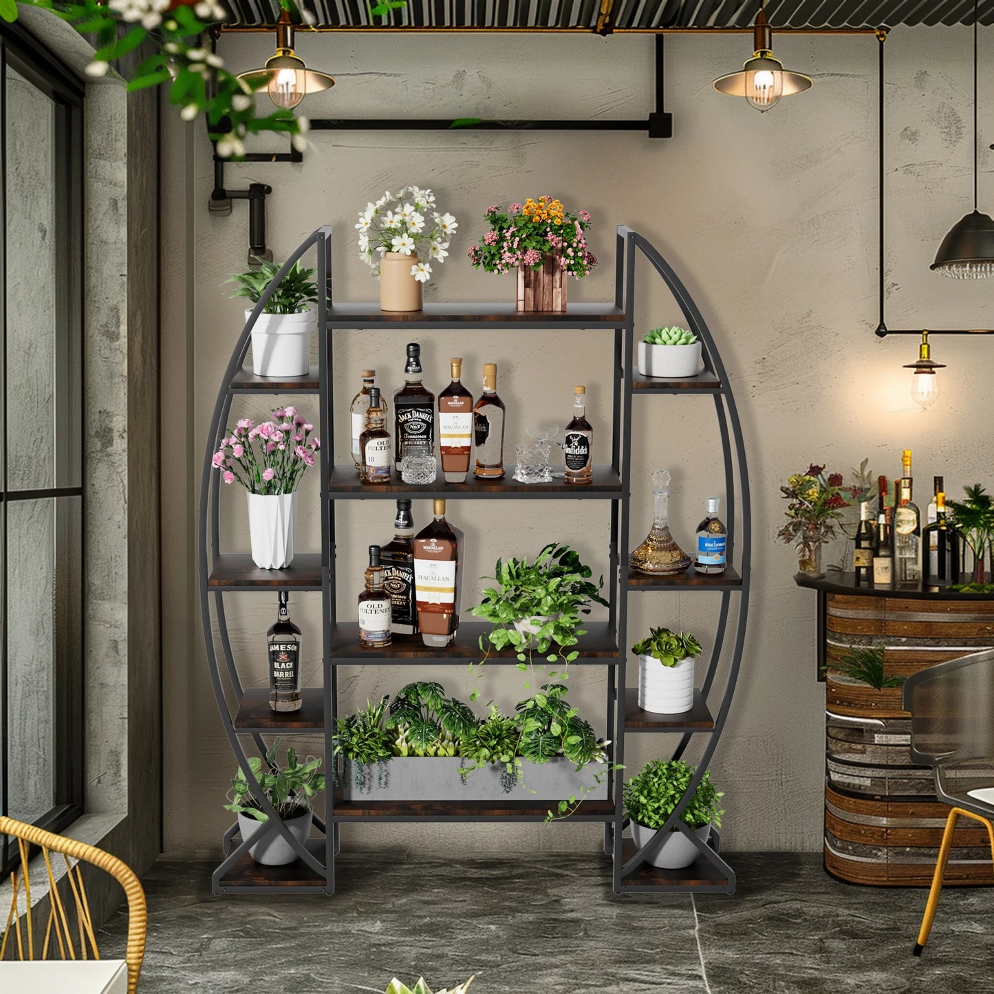 5-Tier Half-Moon Bookshelf & Plant Stand – Industrial-Style Curved Oval Rack for Home and Garden