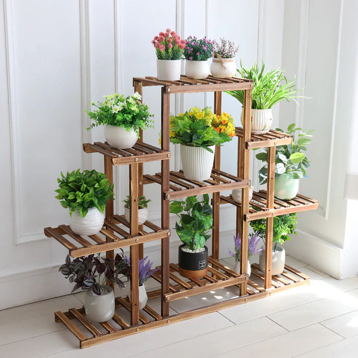 Multi-Tier Carbonized Wooden Flower Rack Display Stand – Metro Elegance