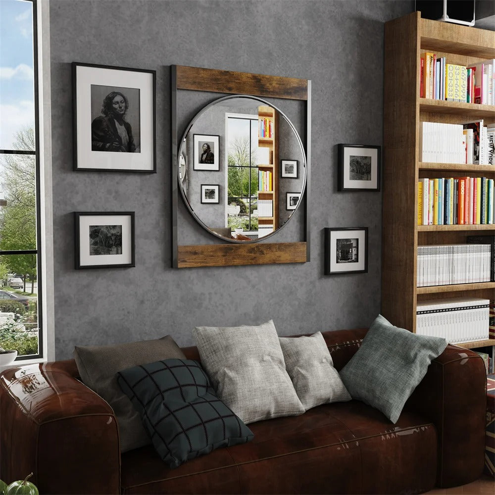 Wall Mirror Industrial Retro Round Accent Mirror with Square Wood Frame for Living Room/Bathroom, Entryway Wall Decor