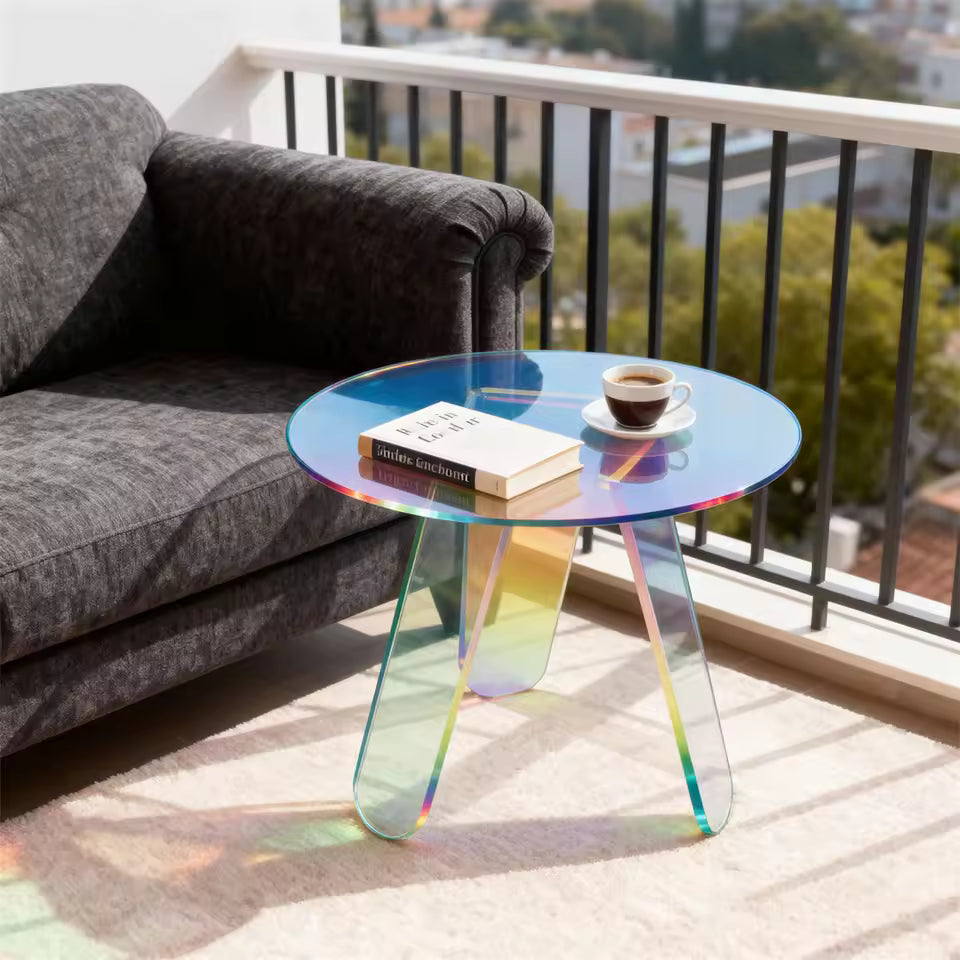 Round iridescent acrylic side table holding a book and coffee cup next to a grey couch on a balcony.