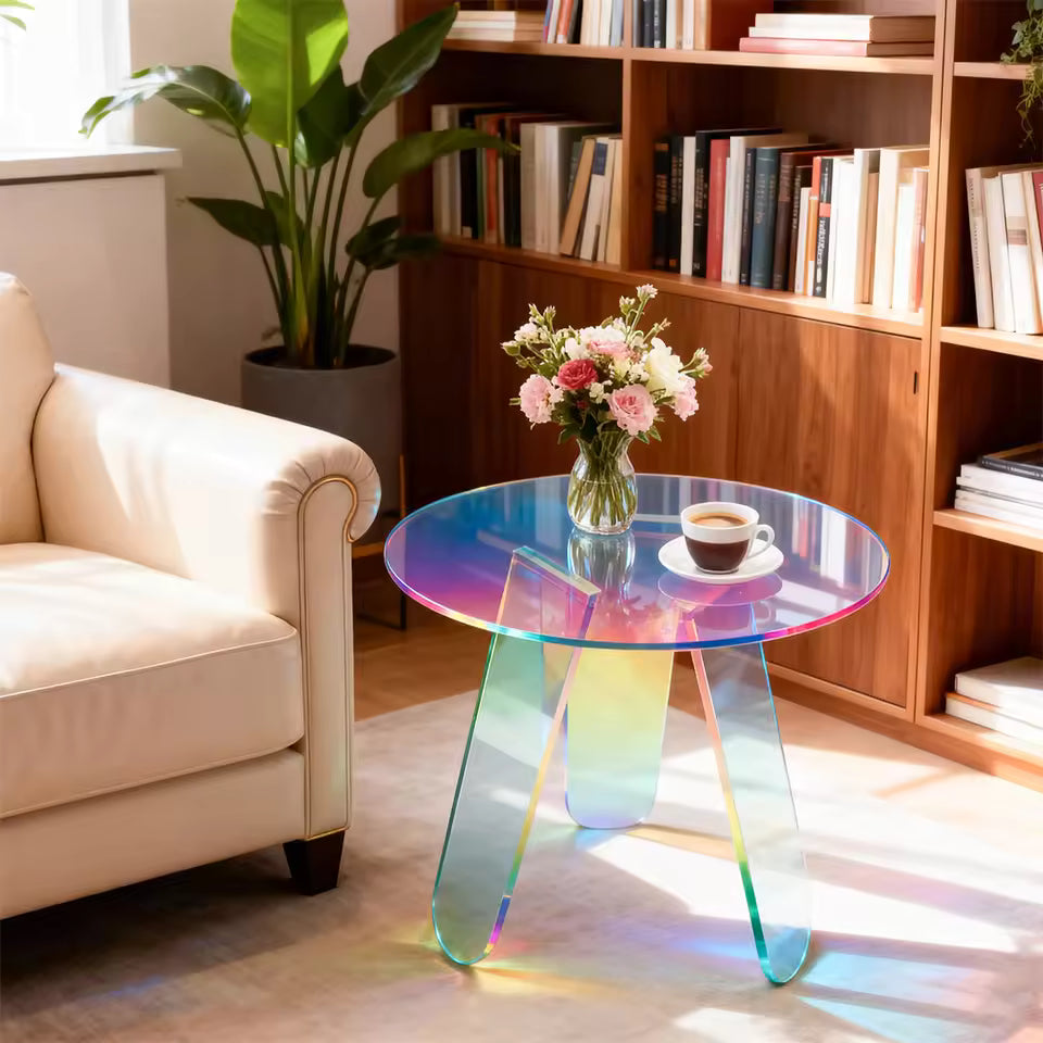 Round iridescent acrylic side table with a vase of flowers and a coffee cup in a living room.