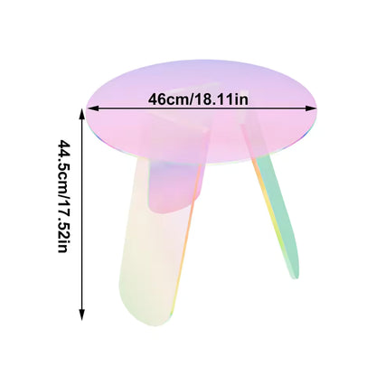 Dimension diagram of a round iridescent acrylic side table showing height and diameter measurements.