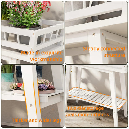 2 Tier Bamboo Plant Stand, White Modern Minimalist Garden Plant Shelf