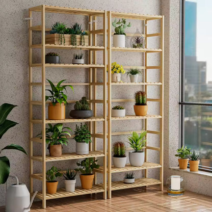 Tall light wood shelving unit with multiple shelves holding potted plants and cacti next to a window.