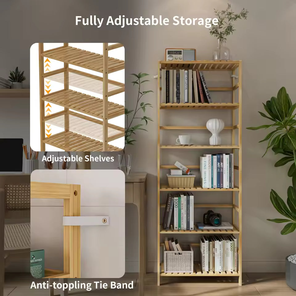 Tall bamboo bookshelf with adjustable shelves and anti-toppling tie band holding books and decor.
