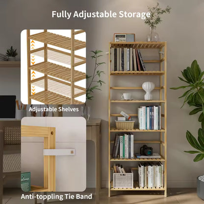 Tall bamboo bookshelf with adjustable shelves and anti-toppling tie band holding books and decor.