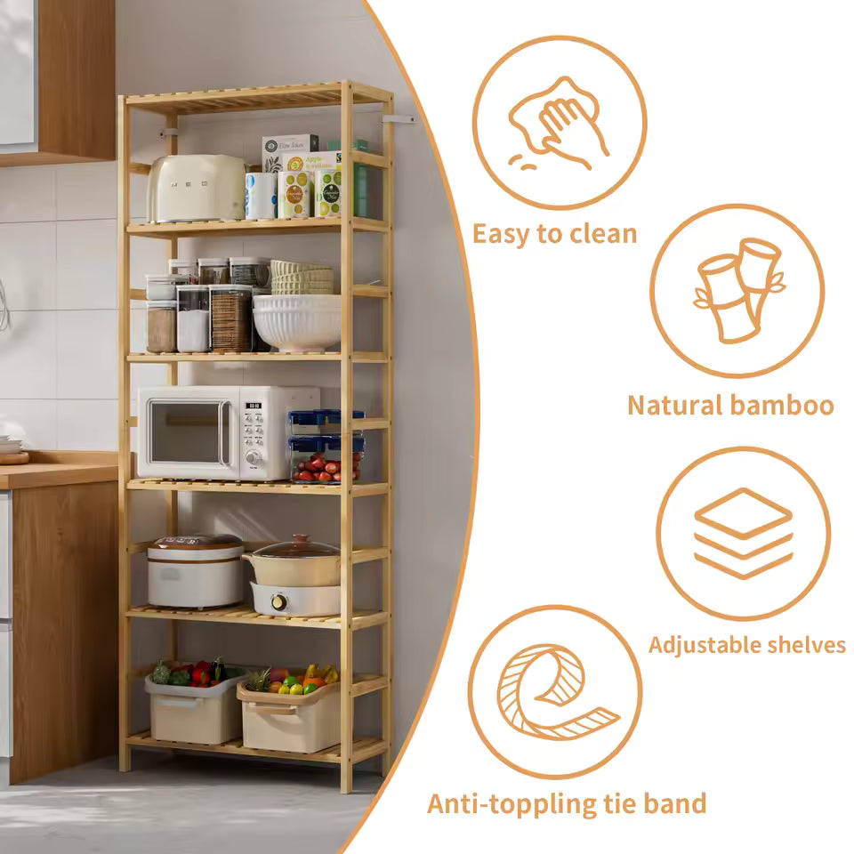 6-tier bamboo kitchen storage rack holding a microwave and appliances with feature icons on right.