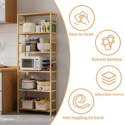 6-tier bamboo kitchen storage rack holding a microwave and appliances with feature icons on right.