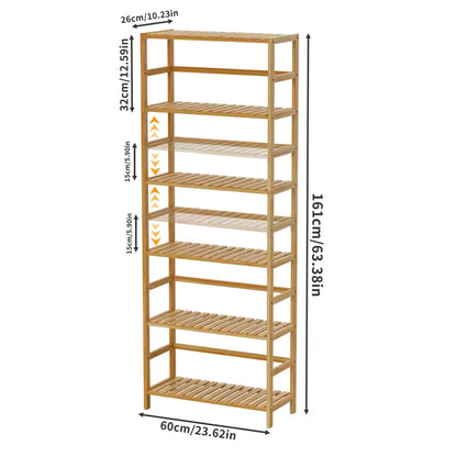 Tall bamboo shelving unit with dimensions and arrows showing adjustable shelf heights.