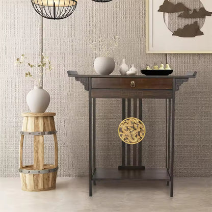 Traditional Asian-style dark wood console table with drawer and round gold dragon medallion center.