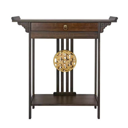 Traditional dark wood console table with a central drawer, bottom shelf, and a gold carved accent medallion.
