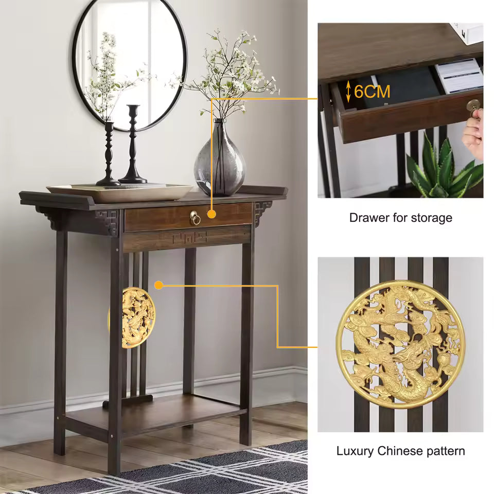 Antique dark wood entryway console table with drawer and gold Chinese dragon medallion detail.