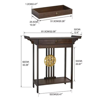 Antique wooden entryway console table with a drawer and bottom shelf showing detailed dimensions.