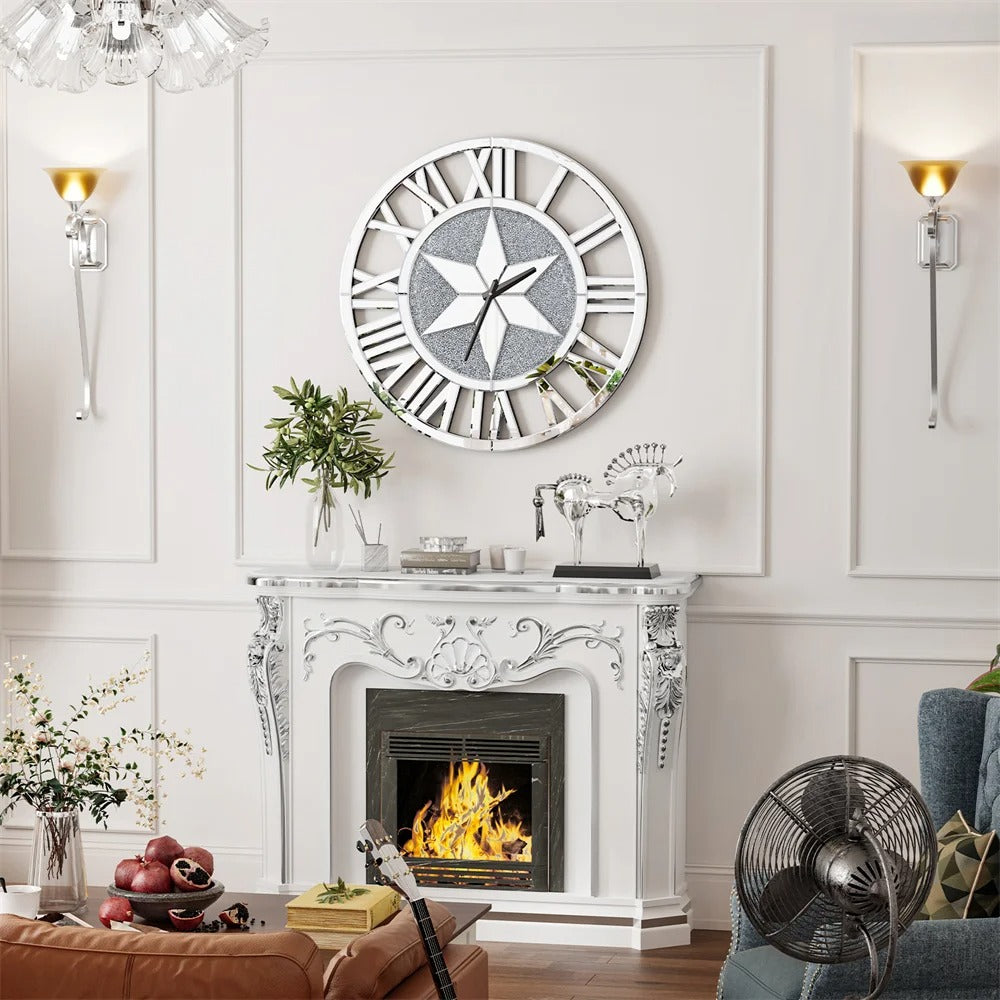 Round Wall Clock Mirror Decorative Silver Glass Mirrors with Roman Numerals Crush Diamond Clocks Battery Operated