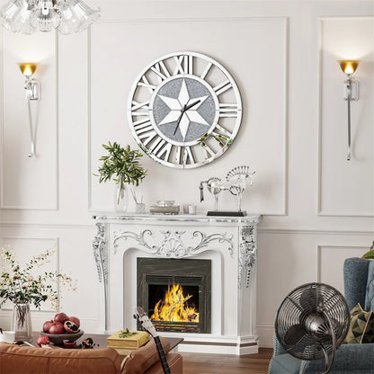 Round Wall Clock Mirror Decorative Silver Glass Mirrors with Roman Numerals Crush Diamond Clocks Battery Operated