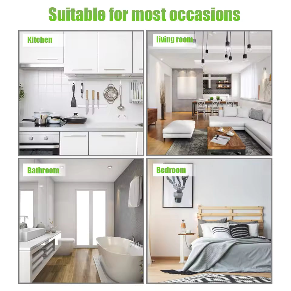 Four-panel grid showing home interior settings for kitchen, living room, bathroom, and bedroom.