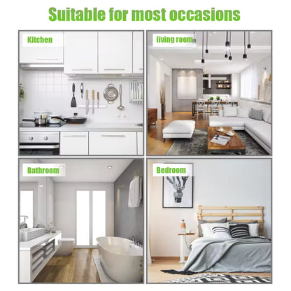 Four-panel grid showing home interior settings for kitchen, living room, bathroom, and bedroom.