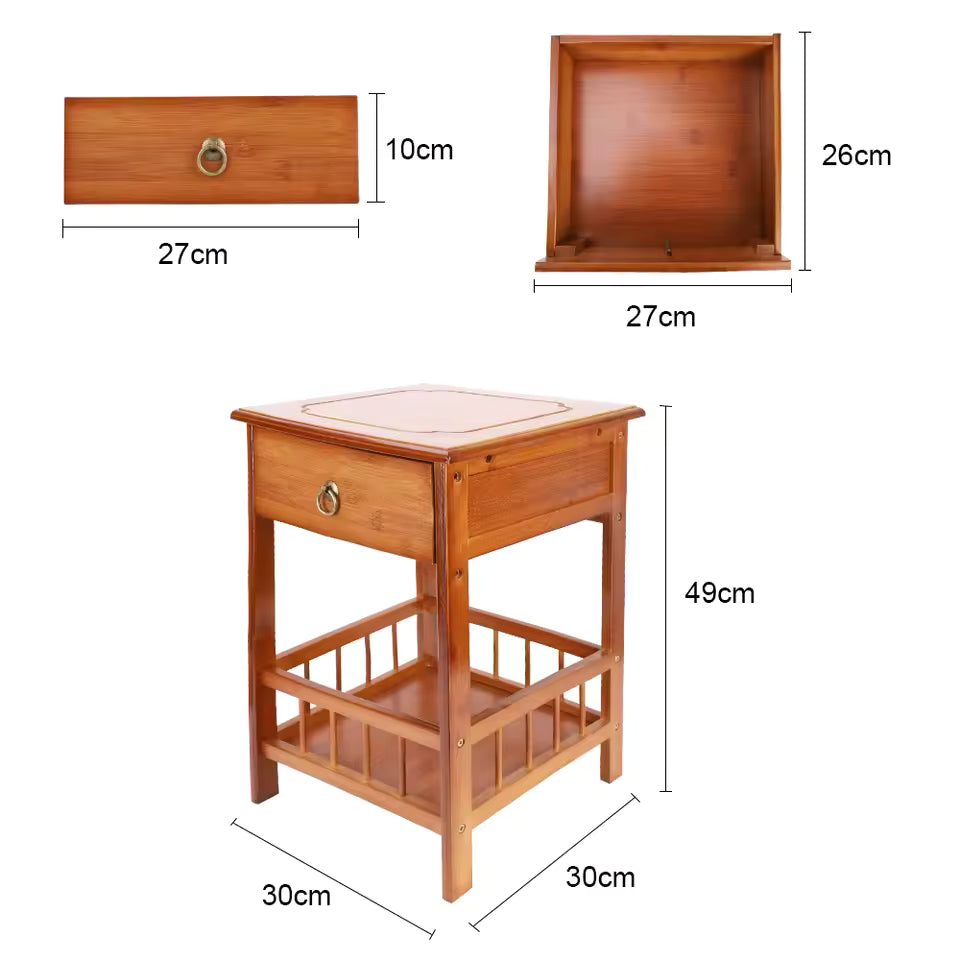 Bamboo bedside end table with drawer and lower slatted shelf, featuring dimension overlays.