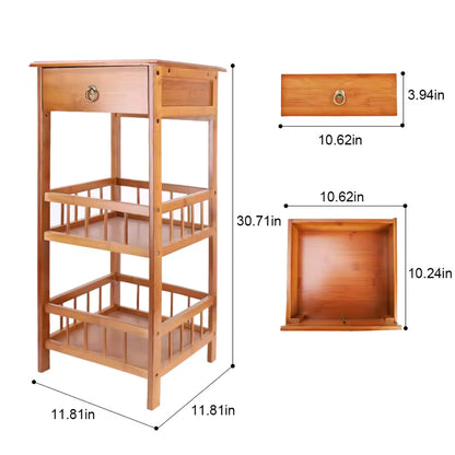 Tall bamboo end table with a drawer and two lower slatted shelves, showing dimensions.