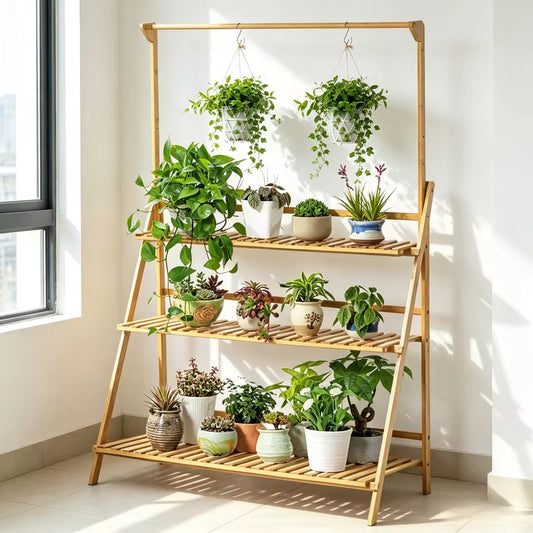 3-tier bamboo plant stand with a top hanging bar holding various potted houseplants indoors.