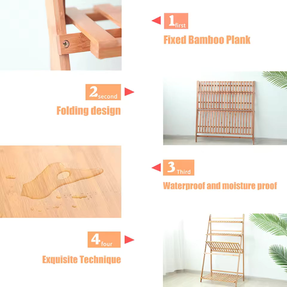Diagram showing features of a folding bamboo plant stand, including fixed planks and waterproofing.
