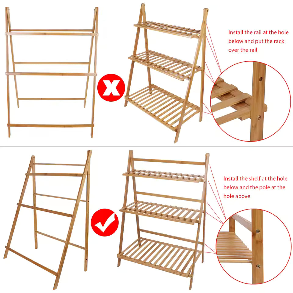 Assembly comparison showing correct and incorrect setups for a 3-tier bamboo plant shelf.