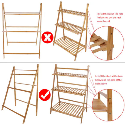 Assembly comparison showing correct and incorrect setups for a 3-tier bamboo plant shelf.