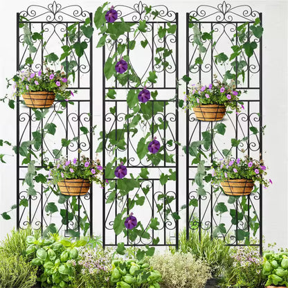 Three black metal garden trellises with climbing purple flowers and wall planter baskets.