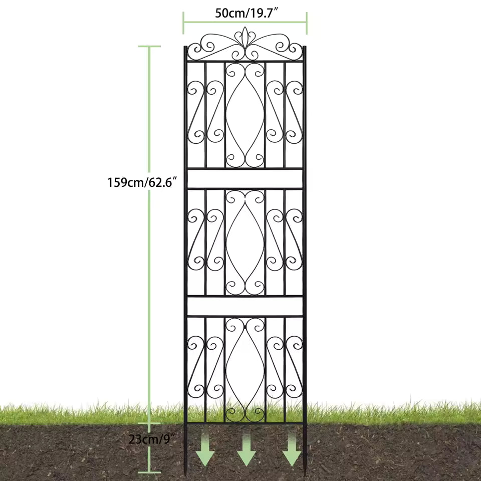 Black metal garden trellis with ornamental scrollwork and detailed product dimensions.
