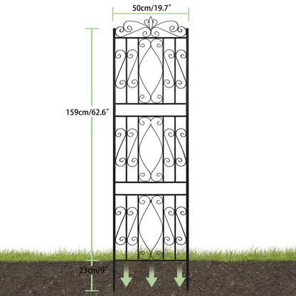 Black metal garden trellis with ornamental scrollwork and detailed product dimensions.