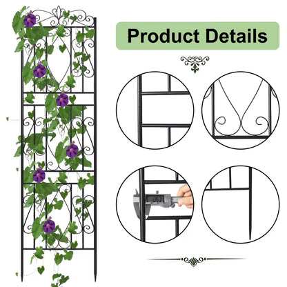 Tall black metal garden trellis with climbing purple flowers next to inset close-ups of product details.