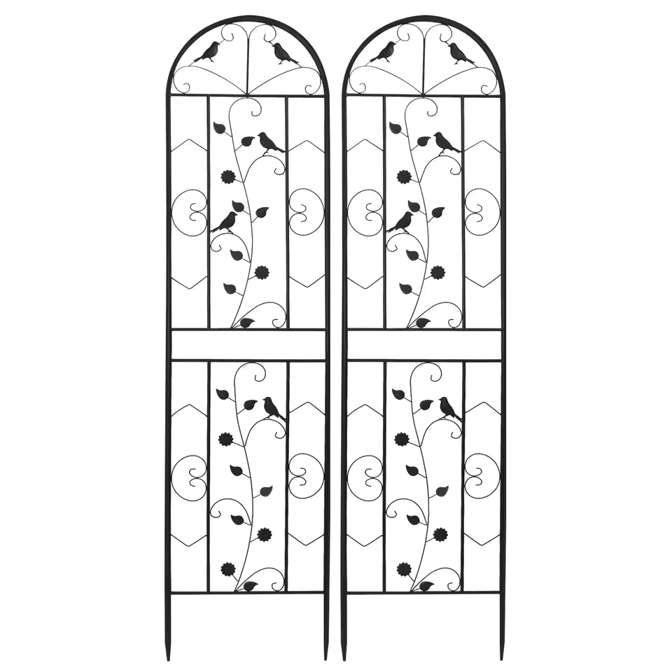 Two arched black metal garden trellis panels with decorative bird and leaf silhouettes.