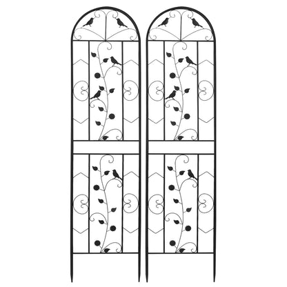 Two arched black metal garden trellis panels with decorative bird and leaf silhouettes.