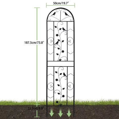 Arched black metal garden trellis with decorative bird accents and product dimensions.