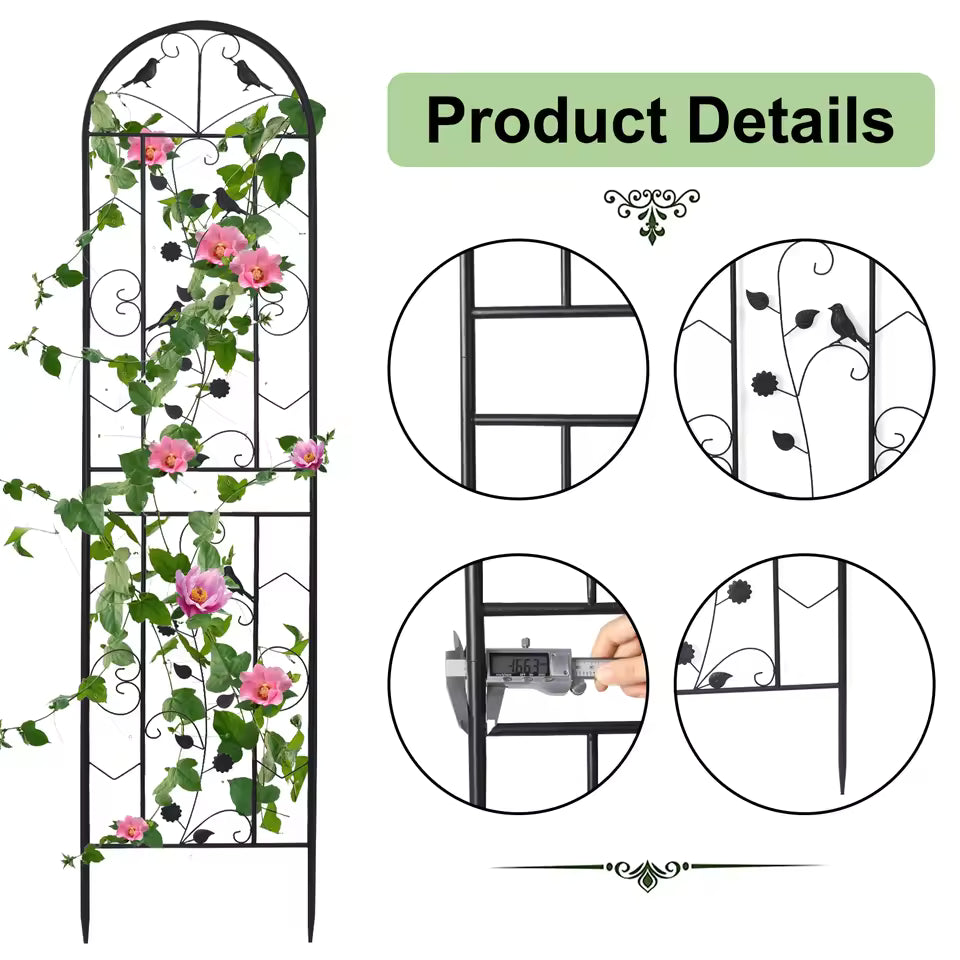 Black metal garden trellis with climbing flowers alongside circular close-ups highlighting product details.