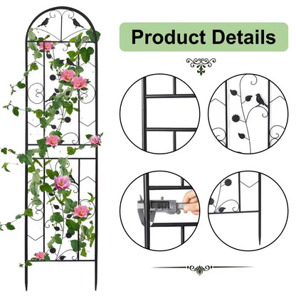 Black metal garden trellis with climbing flowers alongside circular close-ups highlighting product details.