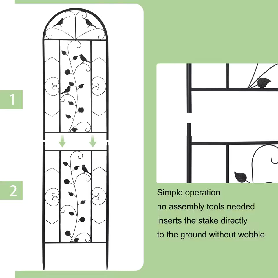 Diagram showing two-piece assembly and stake connection of an arched metal garden trellis with bird details.