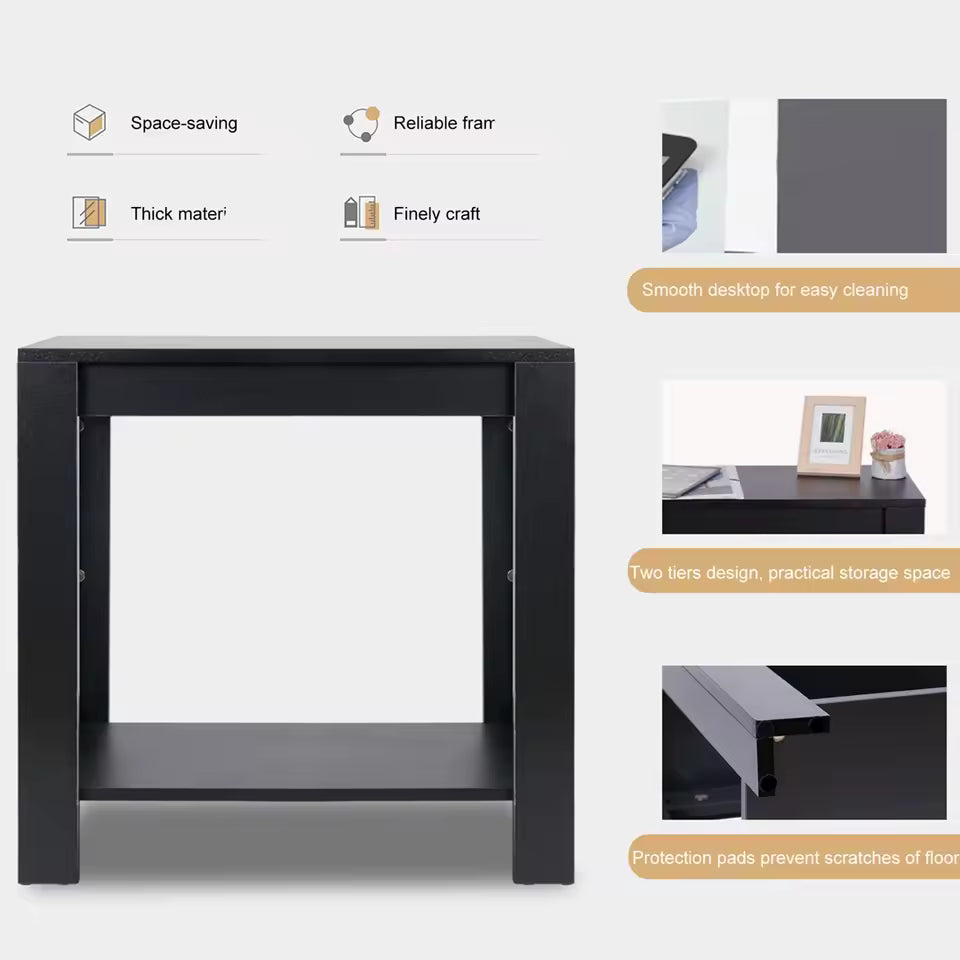 Black 2-tier side table with open shelf and feature callouts highlighting design details.