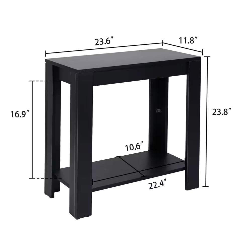 Black modern two-tier narrow sofa side table displaying full dimensions and open shelf measurements.