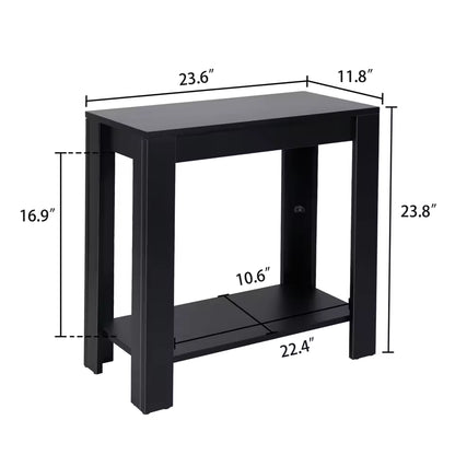 Black modern two-tier narrow sofa side table displaying full dimensions and open shelf measurements.