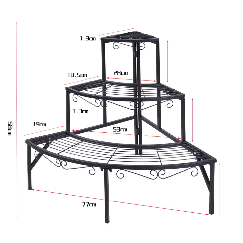 3-tier quarter-round black metal corner plant stand diagram displaying product dimensions.